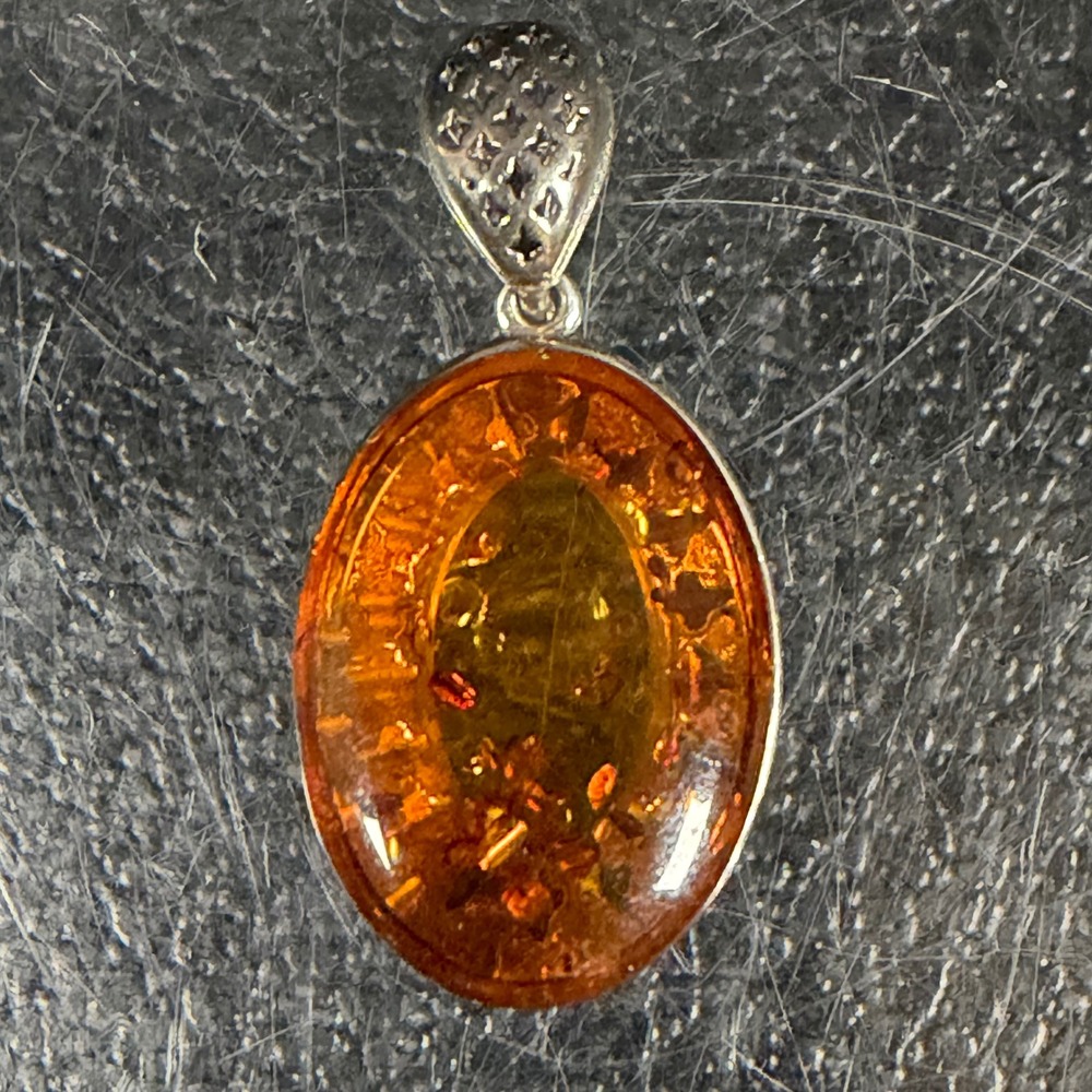 Vintage Baltic Amber Pendant Sterling Silver Oval Cognac Cabochon Ornate Gallery
